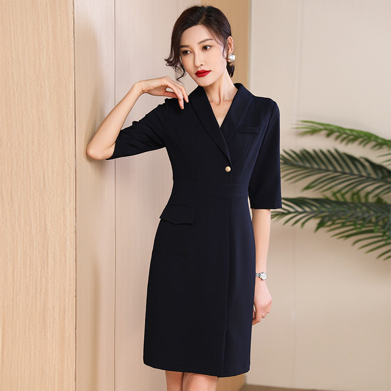 女显瘦职业连衣裙中长款感修身中袖前台通勤技师工装气质春夏氨纶