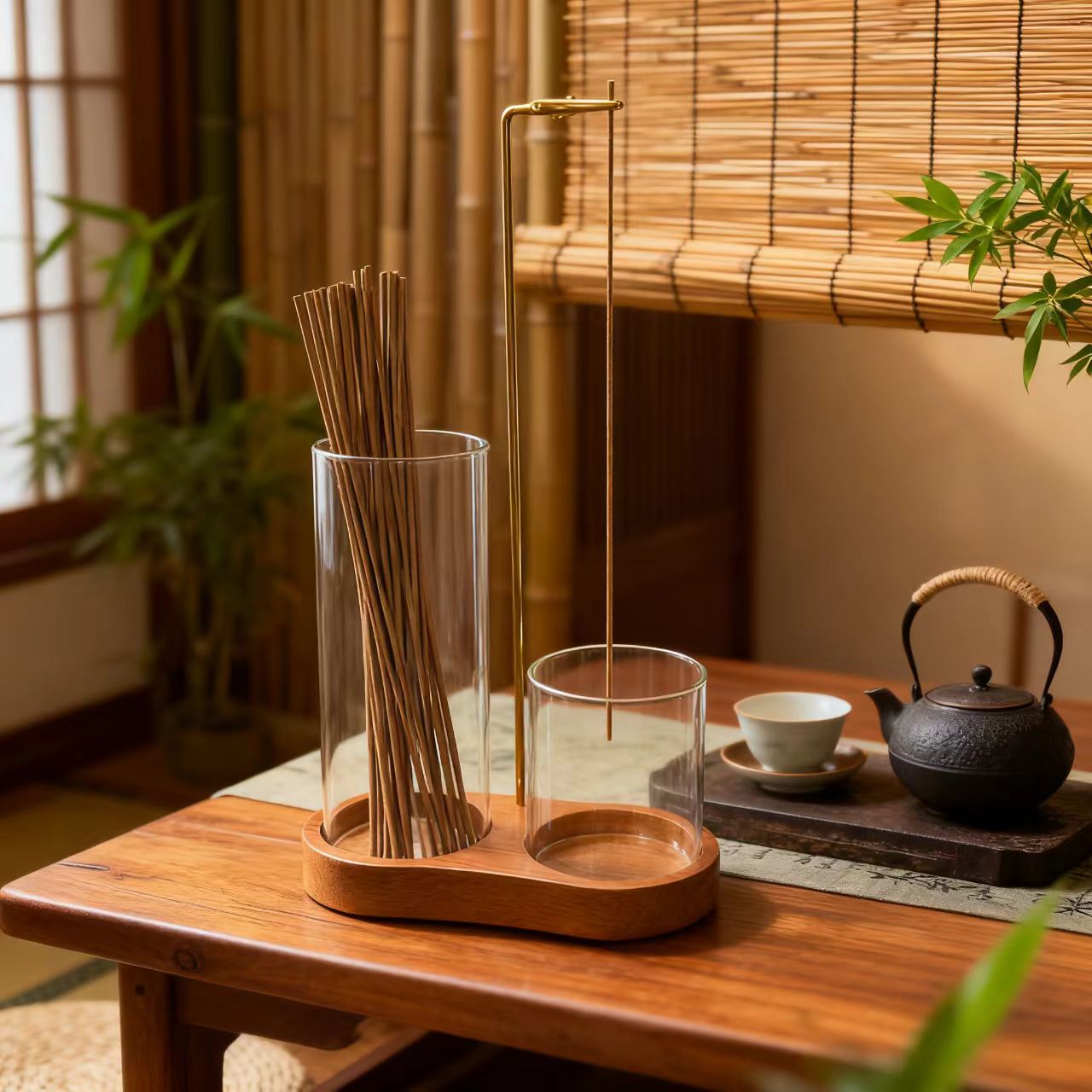 8字形实木底座室内创意香炉防掉灰茶道倒挂线香炉禅意檀香香薰炉