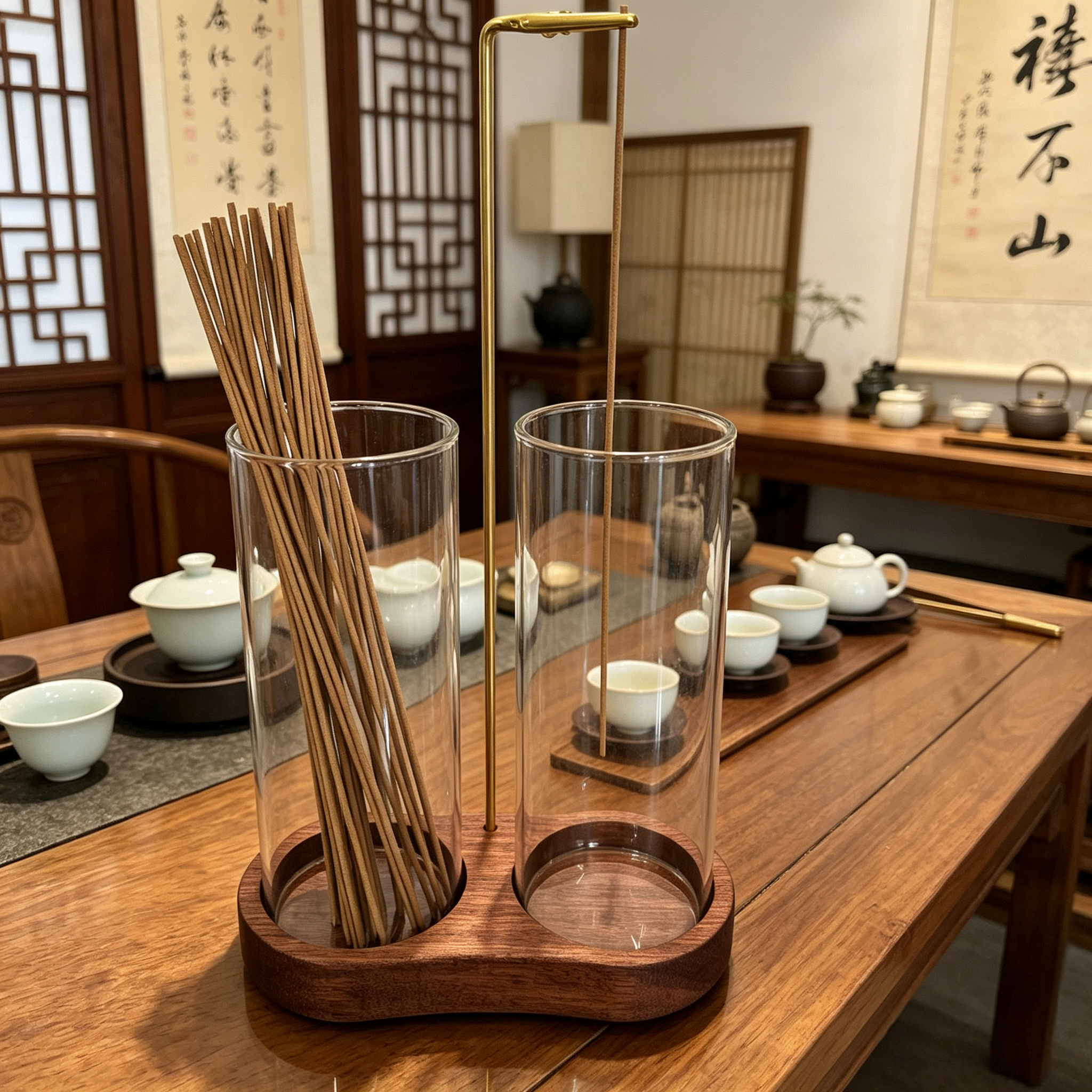 跨境橡胶木实木双杯线香炉沙比利木实木倒挂香插玻璃香座木质香架