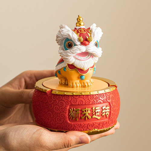 国潮醒狮烟灰缸带盖子防烟灰