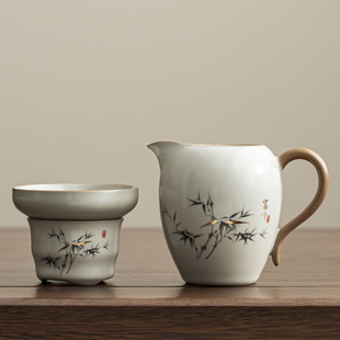 汝窑陶瓷公道杯套组 富竹公道杯加盖碗 手工冰裂釉茶具套组 德化