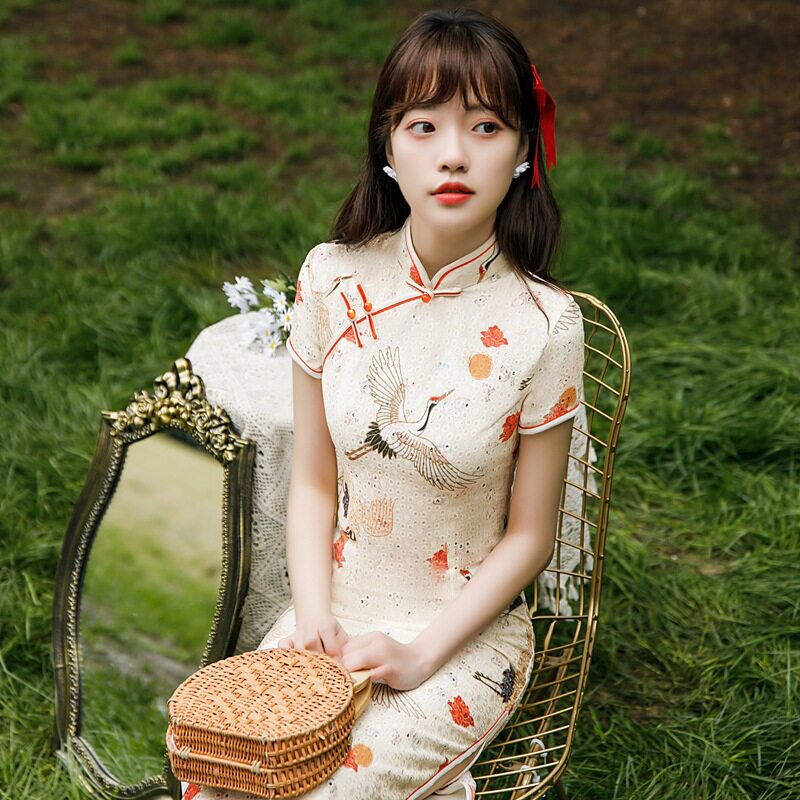 贝之韵低开衩斜襟新品少女连衣裙仙鹤刺绣改良中国风旗袍年轻款