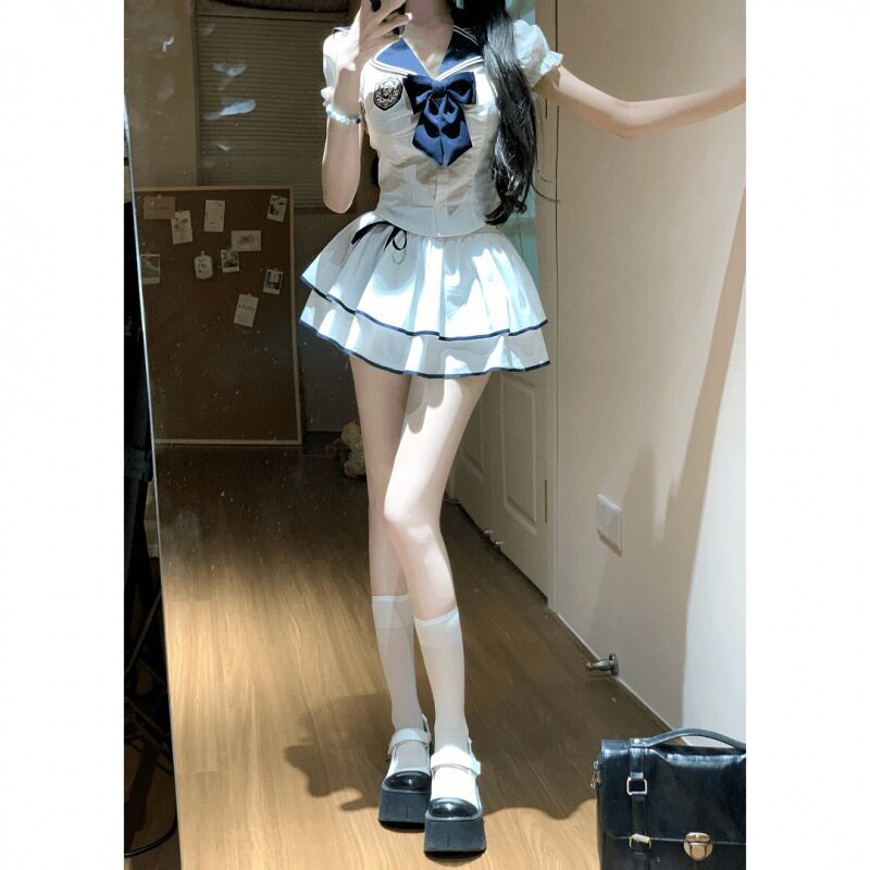 日系学院风JK制服套装女夏季新款海军领水手服短袖上衣百褶裙套装