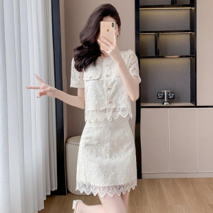 法式小香风蕾丝套装女夏季2025新款高级感轻奢名媛连衣短裙两件套