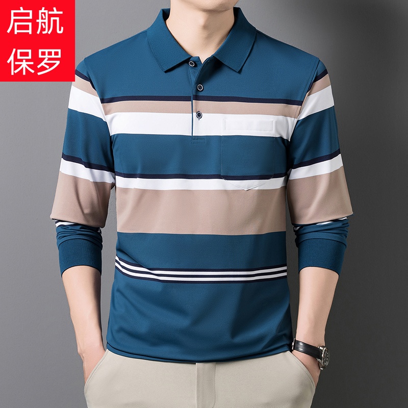 正品男士长袖t恤春秋装彩棉翻领内搭真口袋秋衣中年打底polo衫男