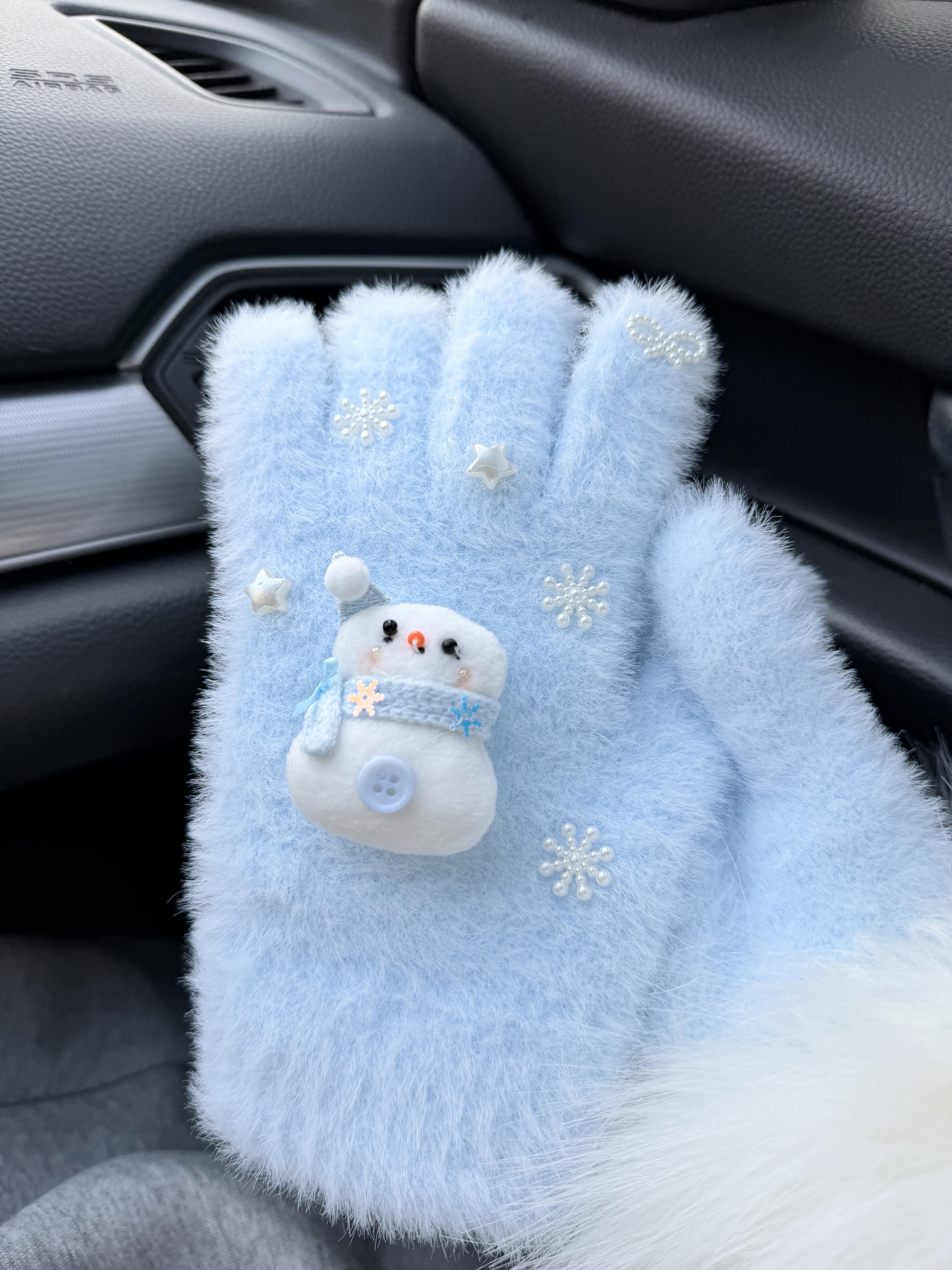 雪地小雪人萌萌哒!可爱雪花小屋毛绒加厚手套2026新款甜美手套潮