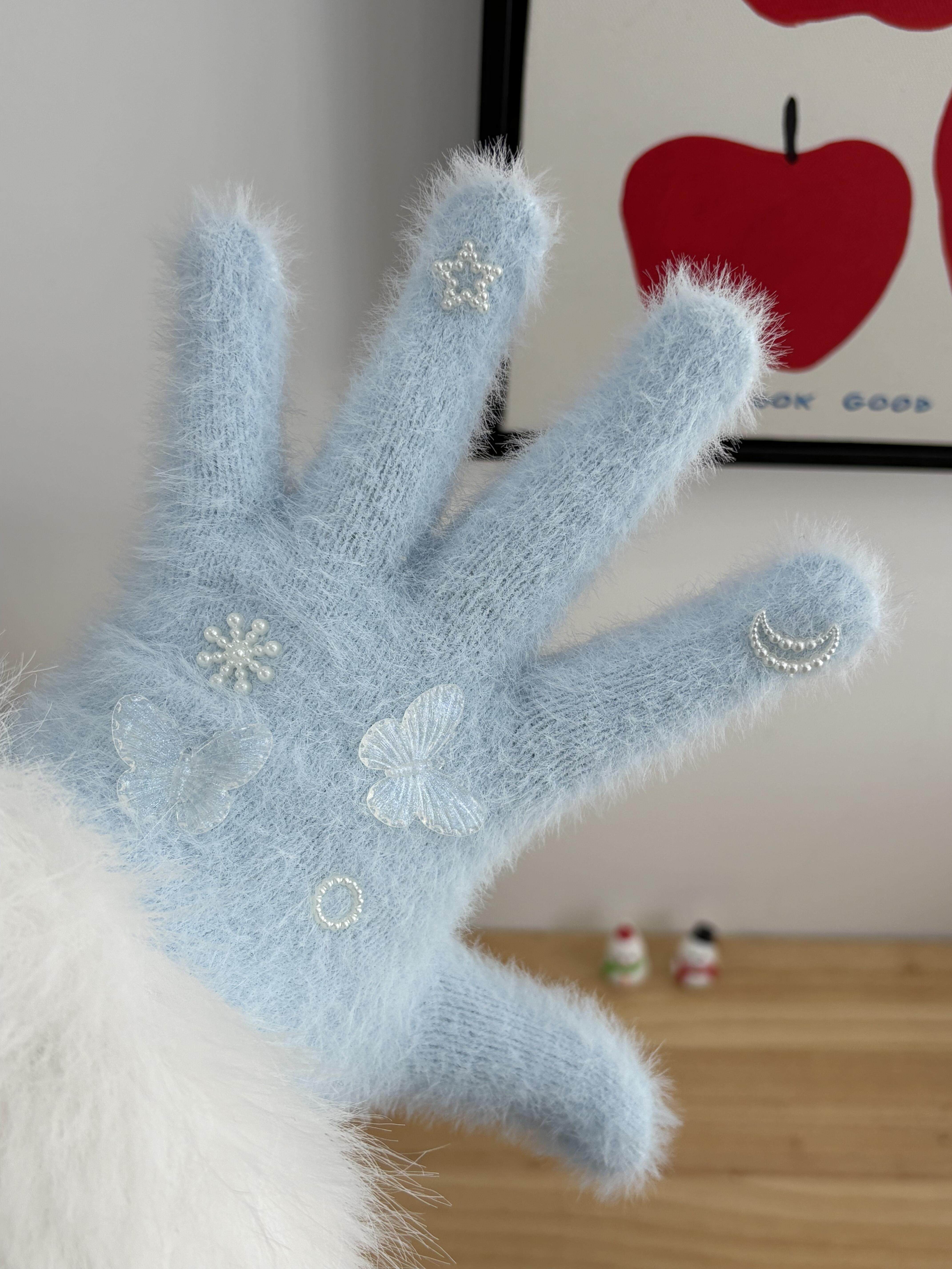 雪地里小蝴蝶好温柔!可爱蓝色蝴蝶结仿水貂针织手套保暖骑行手套