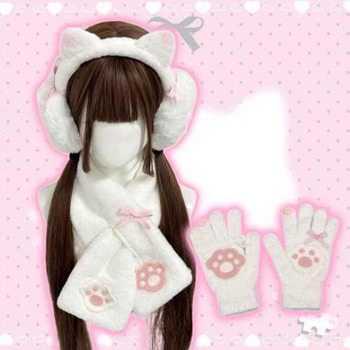 粉白猫爪毛绒三件套趣味甜美日系秋冬毛绒耳罩围巾手套保暖骑车潮