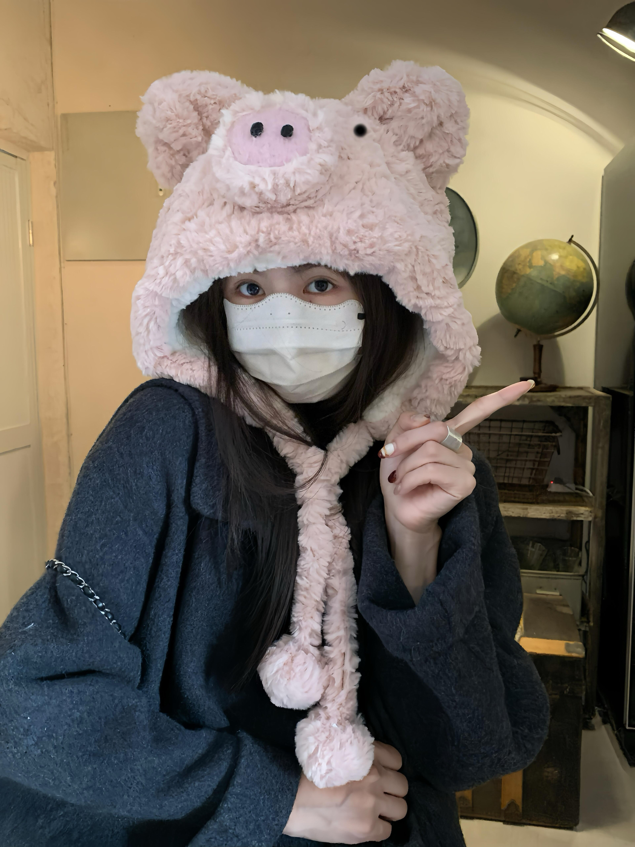 精致猪猪女孩～可爱小猪毛茸茸帽子女秋冬季防寒保暖加厚包头帽女