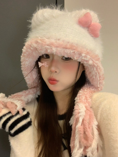 粉白配色拉法帽可爱小猫蝴蝶结秋冬毛线帽加绒加厚雷锋帽保暖帽子