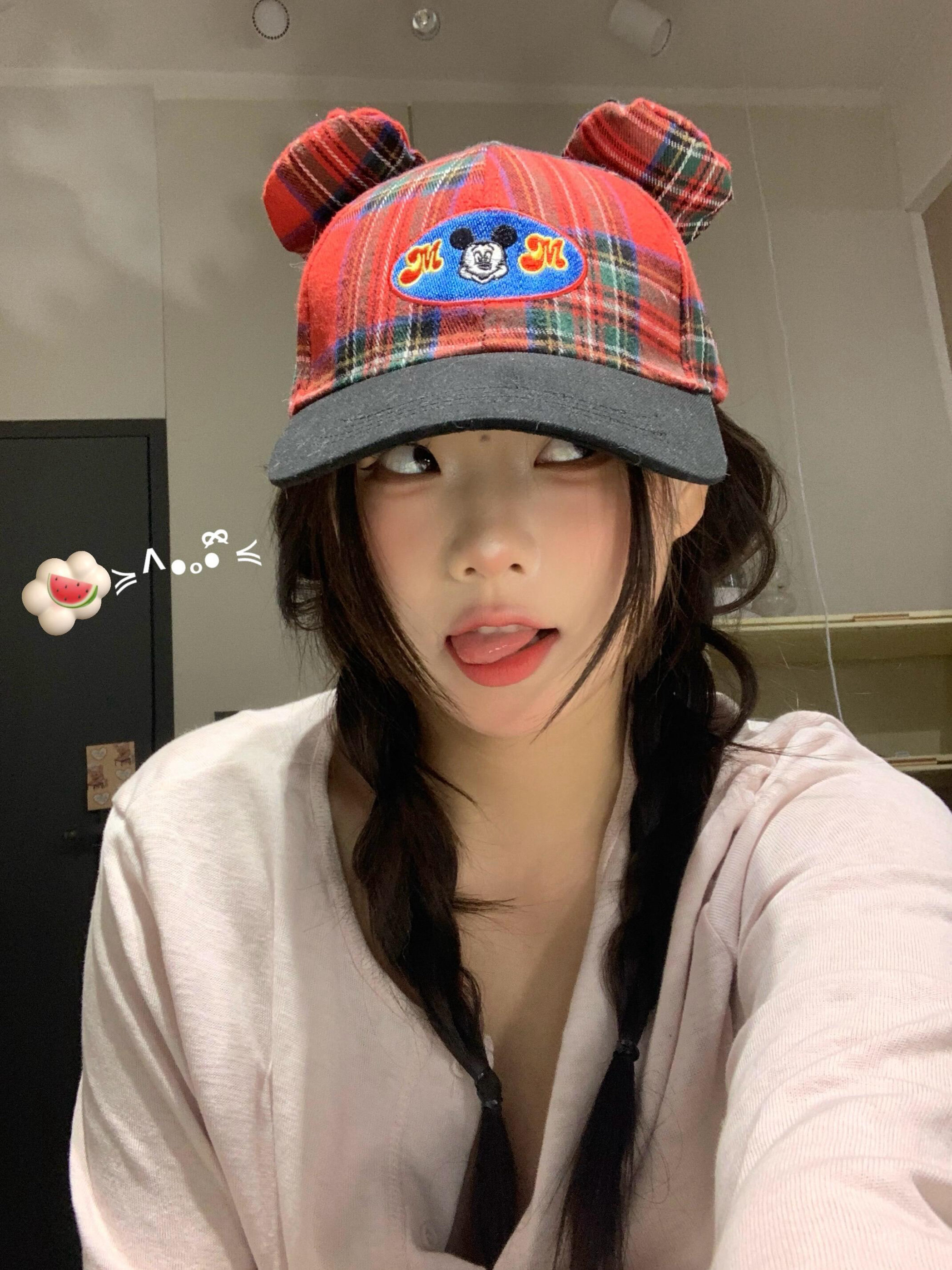 复古可爱格子米奇鸭舌帽女2025新款米妮耳朵显脸小百搭学生棒球帽
