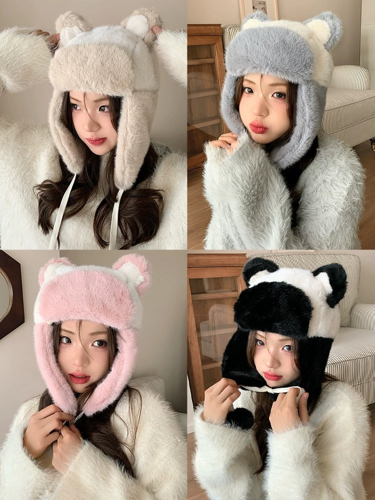 毛绒帽子女款冬季可爱熊猫雷锋帽秋冬款2024新款百搭保暖小熊女生