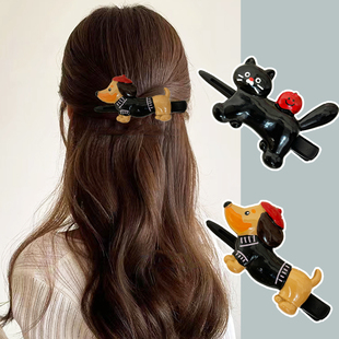 新款可爱腊肠狗苹果猫一字长发夹ins潮萌趣卡通学生百搭边夹发饰
