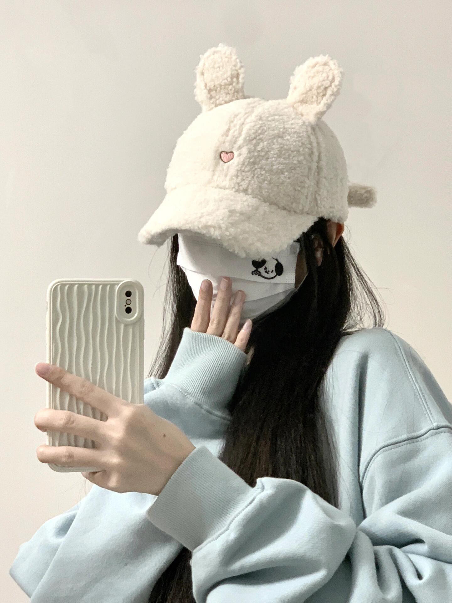 正反两戴棒球帽可爱米菲兔耳朵羊羔毛绒帽子女冬季保暖显脸小鸭舌