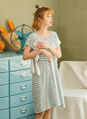 莫代尔哺乳孕妇睡裙短袖怀孕产妇家居裙夏季外出喂奶衣月子服薄款