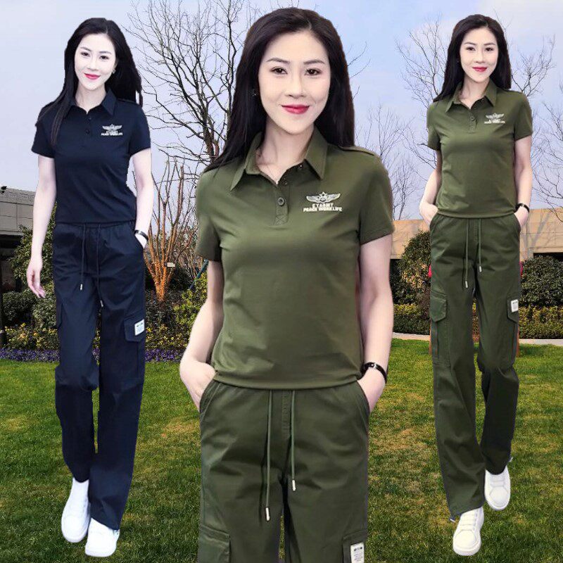 户外军绿短袖T恤套装女2024夏季翻领黑色一套休闲工装长裤两件套S