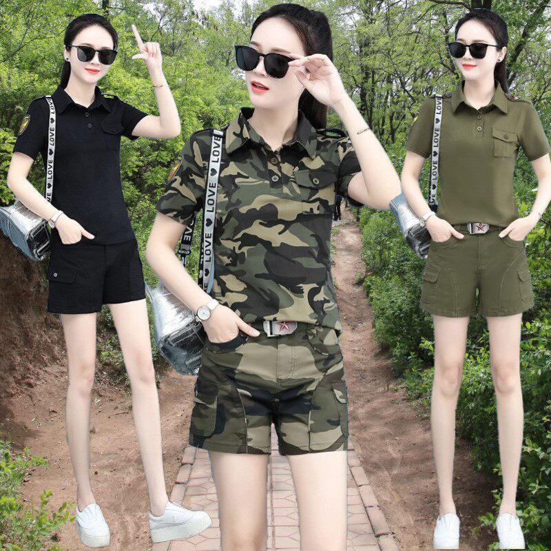户外迷彩服短袖短裤套装女2024夏季军迷一套翻领军绿上休闲两件套