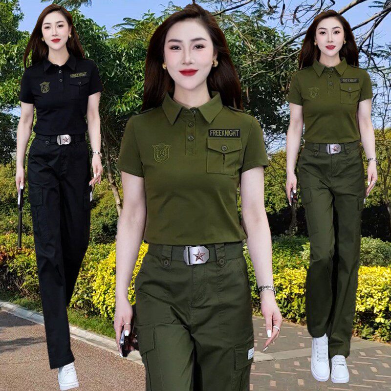 户外军绿翻领短袖T恤女套装2025夏季工装阔腿裤修身显瘦休闲一套S
