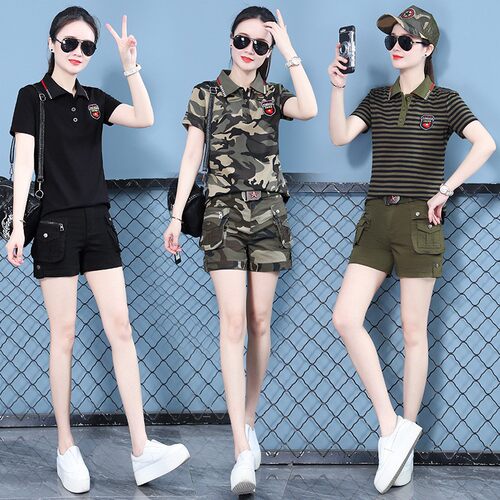 短裤套装夏季休闲气质潮t迷彩服