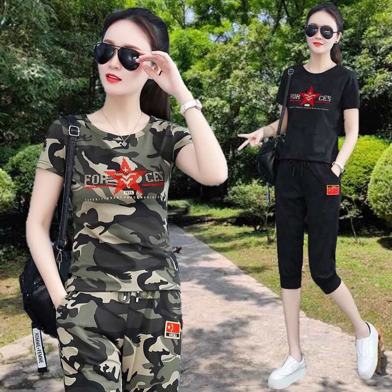 户外迷彩七分裤套装女2024夏季走秀团体短袖T恤休闲运动两件套ydf