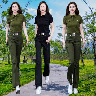 户外军绿色微喇叭裤套装女2025夏装新款翻领短袖T恤修身工装一套s
