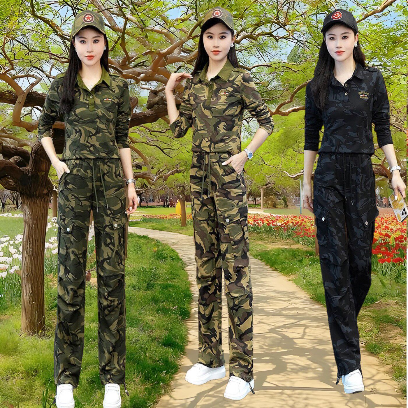 户外迷彩服套装女春秋装2026军旅风长袖直筒裤运动减龄走秀两件套