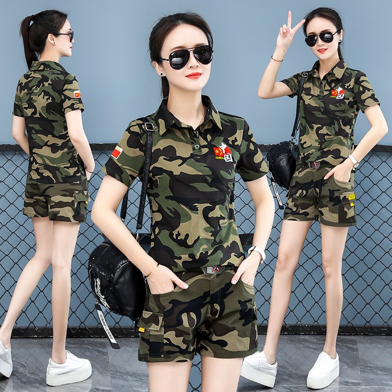 户外一套军迷大码短袖T恤短裤套装女2024夏季军训修身热裤两件套s