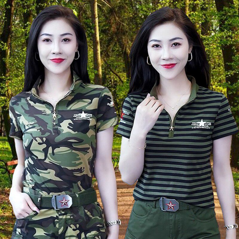 户外翻领迷彩短袖T恤女