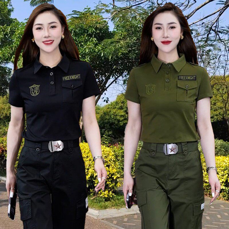 户外军绿T恤女短袖翻领上衣2025夏装小黑色水兵舞修身显瘦POLO衫M