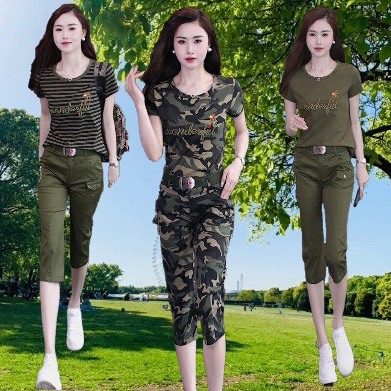 户外迷彩服短袖T恤七分裤套装女