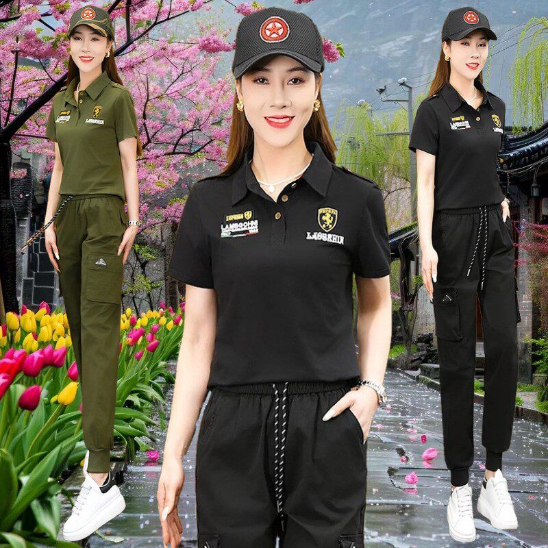 户外女夏装一套新款2025翻领短袖军绿色T恤套装运动休闲裤两件套s