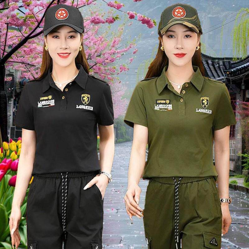 军绿翻领短袖T恤女夏装2025新款