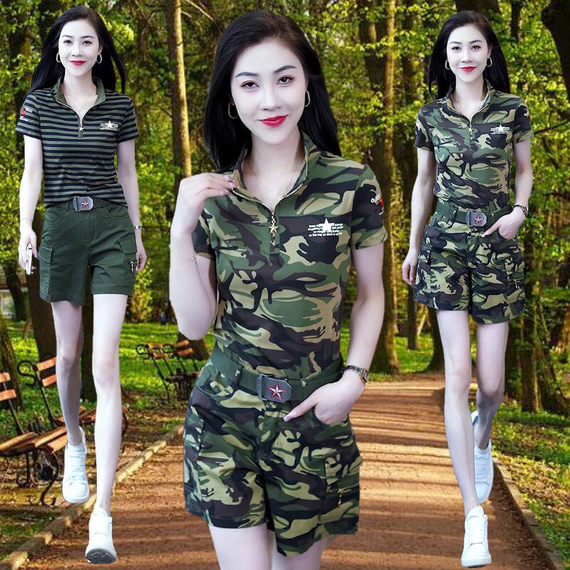户外迷彩服短袖短裤套装女2024夏装翻领上衣军绿短裤休闲时尚一套