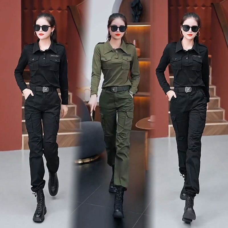 户外翻领上衣长袖T恤套装女军绿黑色2025春装水兵舞polo衫长裤潮T
