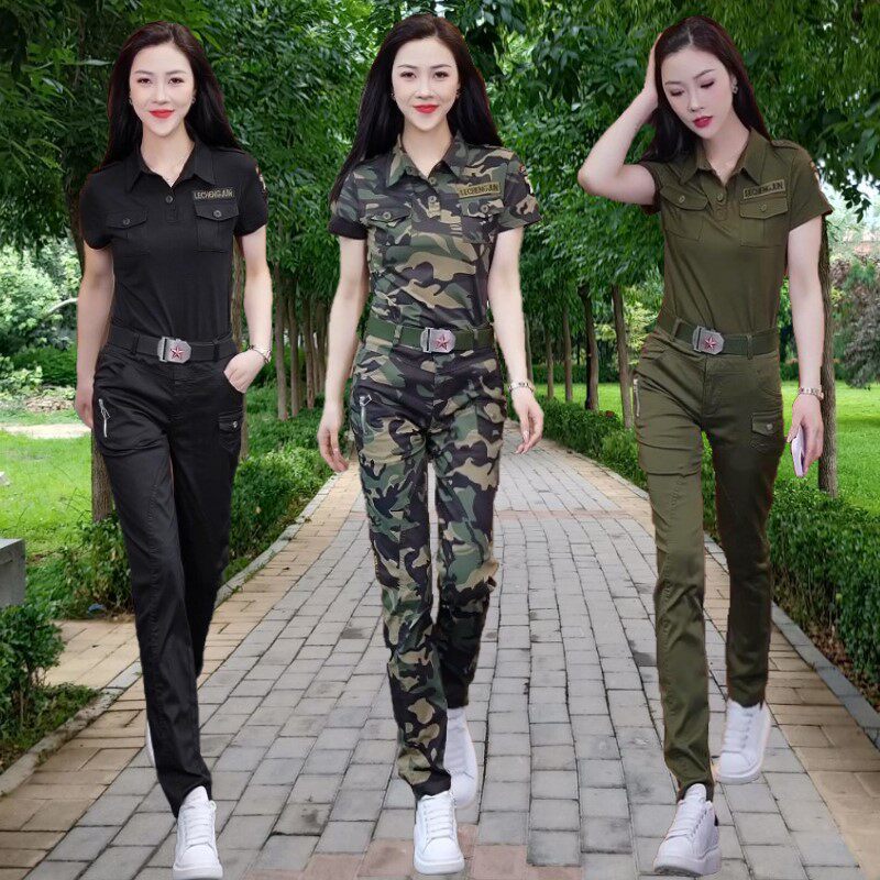 户外迷彩服翻领短袖T恤套装女夏装军绿裤一套修身黑色长裤两件套s
