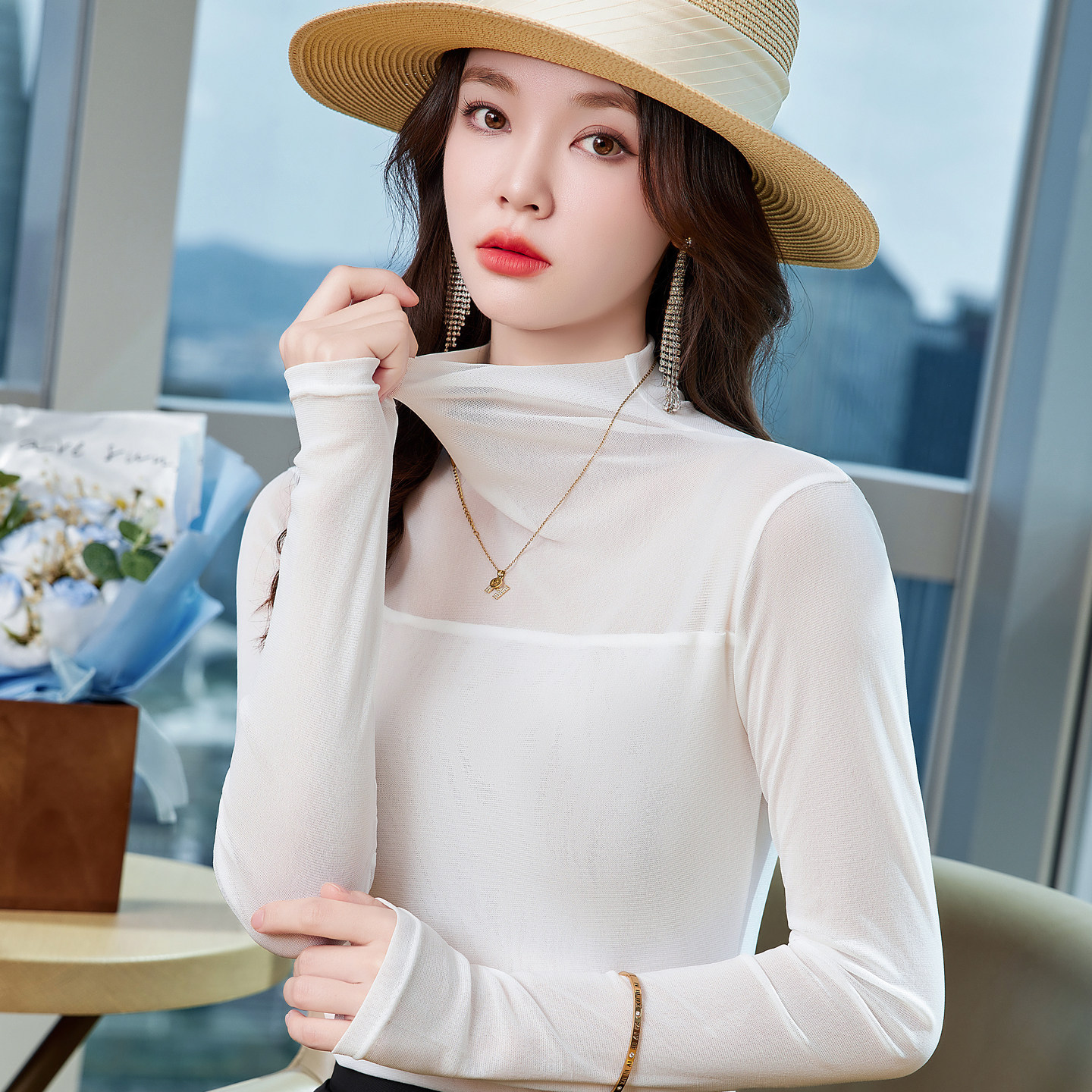半高领网纱打底衫女修身内搭小衫时尚百搭气质纯色长袖T恤上衣秋