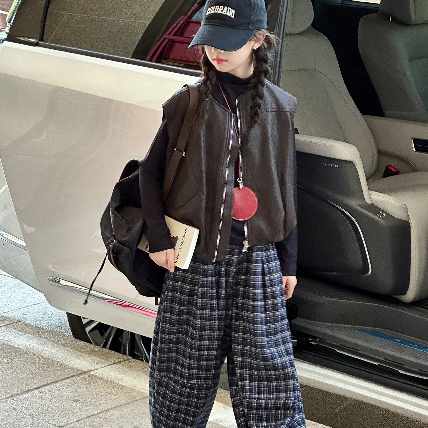 女大童秋季皮衣马甲三件套新款