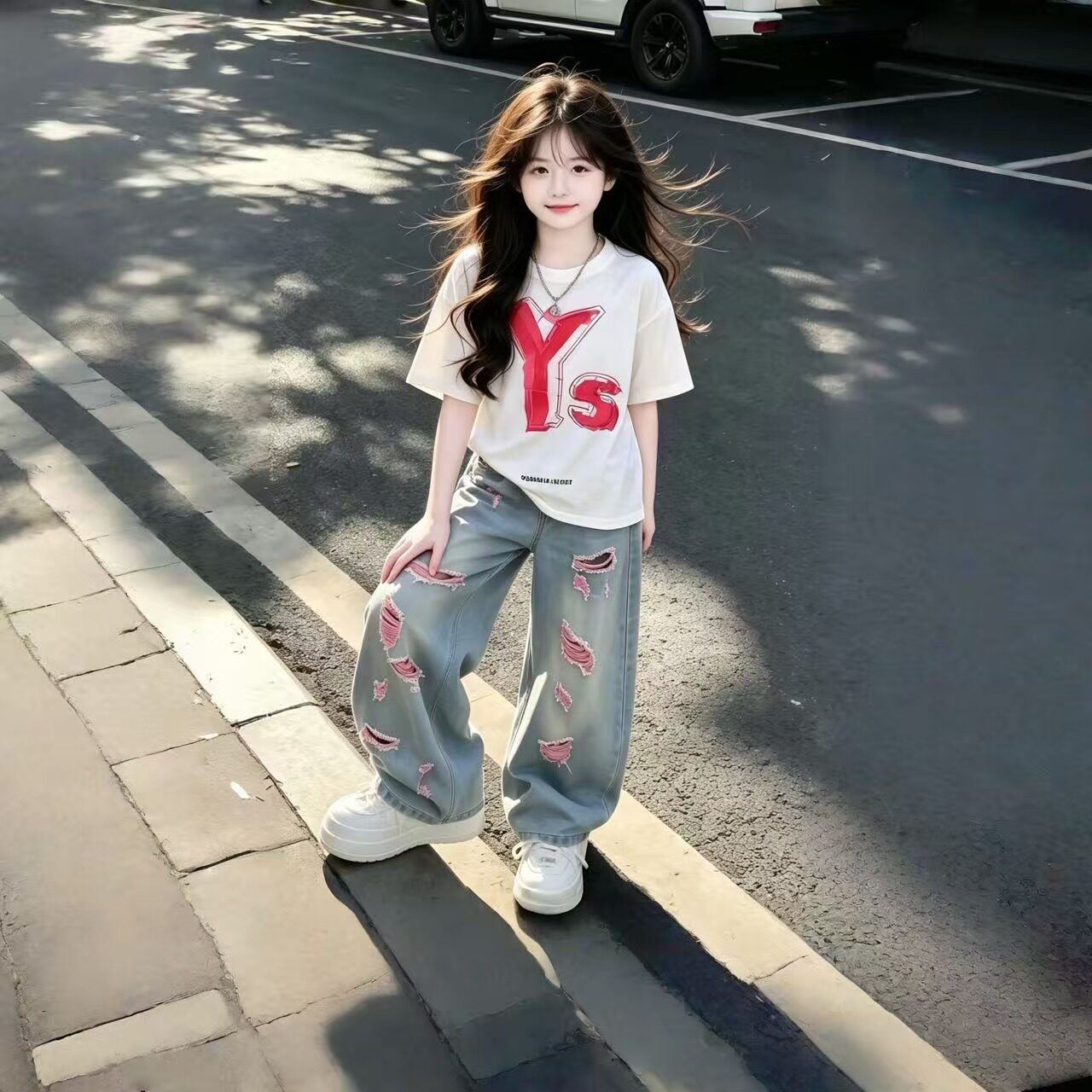 女童夏季字母破洞牛仔套装