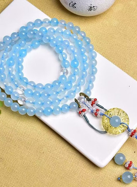 天然蓝玉髓佛珠108颗念珠蓝色玛瑙手链 男女款手串