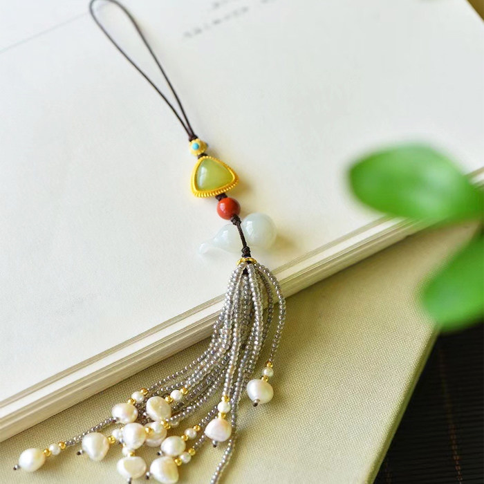 天然和田玉葫芦包挂 古法银镶嵌手机链 手工编流苏钥匙扣精美压襟