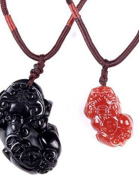 天然黑曜石貔貅红玛瑙项链吊坠