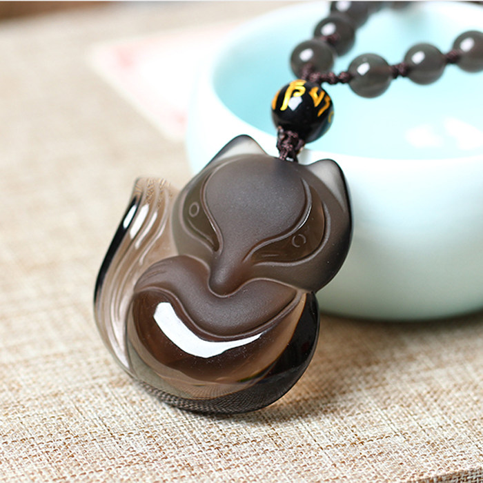 天然冰种黑曜石狐狸吊坠 冰种黑曜石狐狸挂坠 黑曜石灵狐萌狐项坠