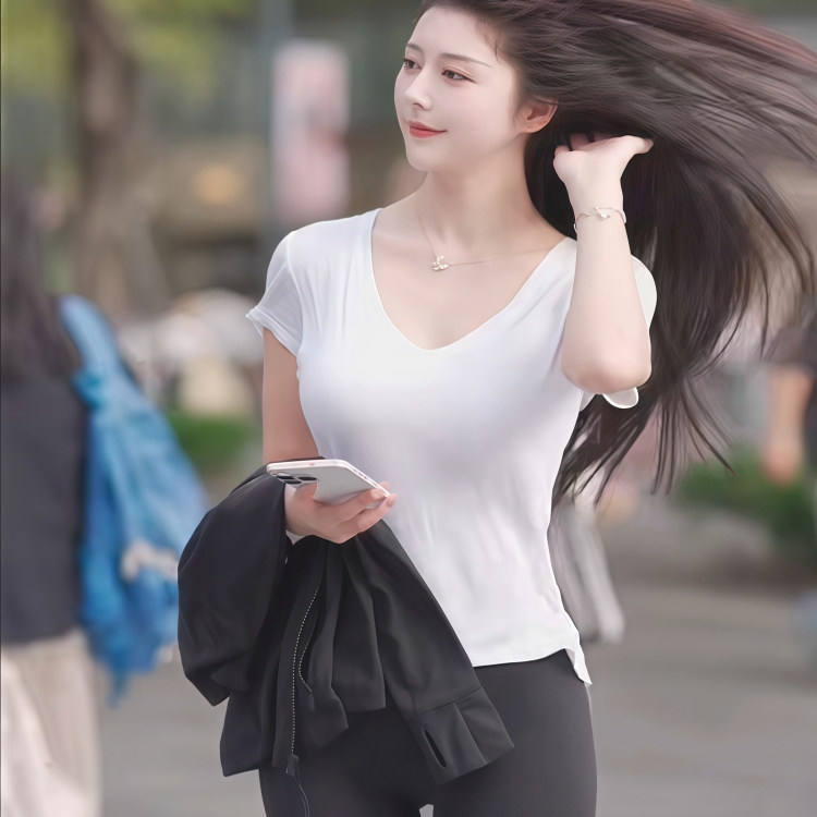 真丽凡莫代尔斜下摆夏V领白色T恤女气质大牌时尚休闲2025短袖上衣