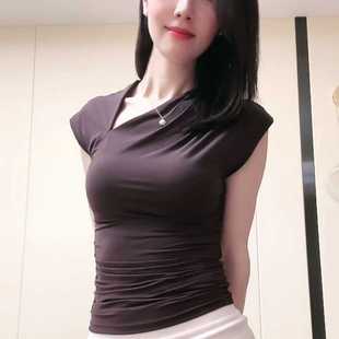 短款斜领上衣莫代尔辣妹修身显瘦正肩短袖t恤女紧身夏季短袖T恤