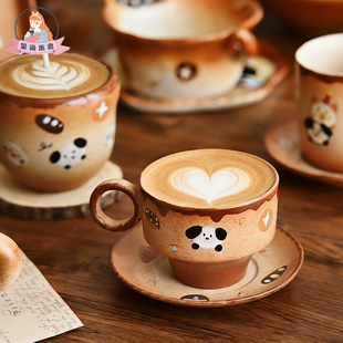 玺闻乐见陶瓷手绘可爱餐具焦糖卡通猫狗咖啡杯拉花杯子饭碗盘套装