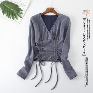 漏锁骨上衣女长袖小心机低胸v领绑带t恤2024新款收腰针织打底衫冬