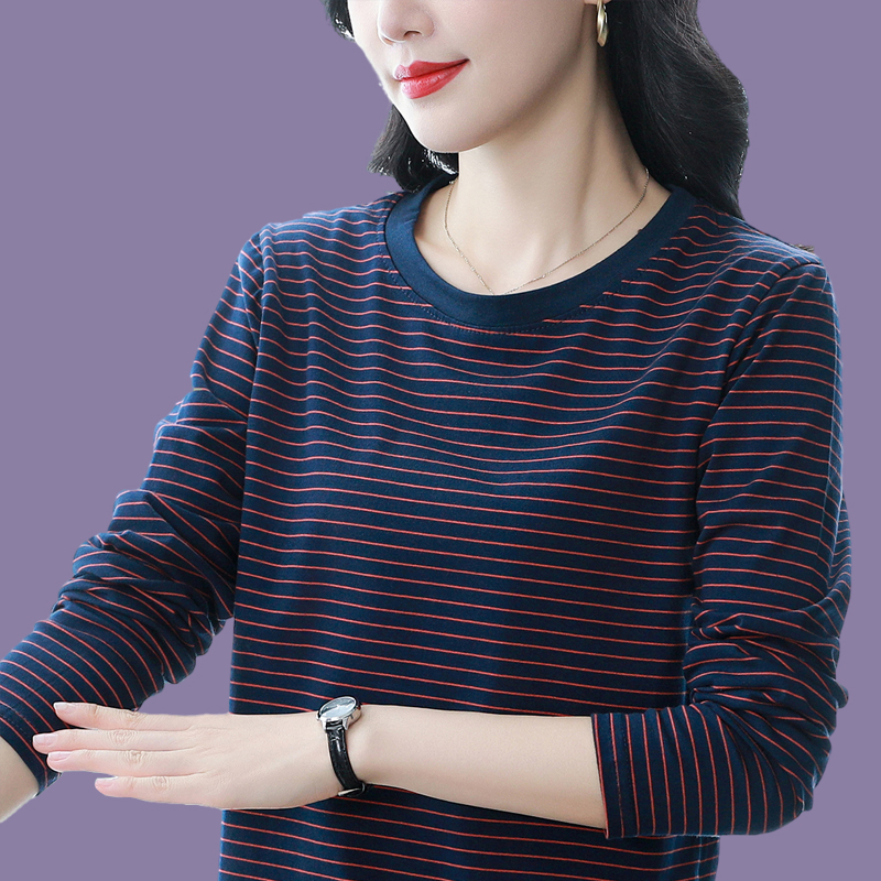 纯棉长袖条纹T恤女新款