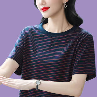 2026新款 宽松版 条纹短袖 纯棉大码 显瘦遮肚子体恤上衣 t恤女装 夏装