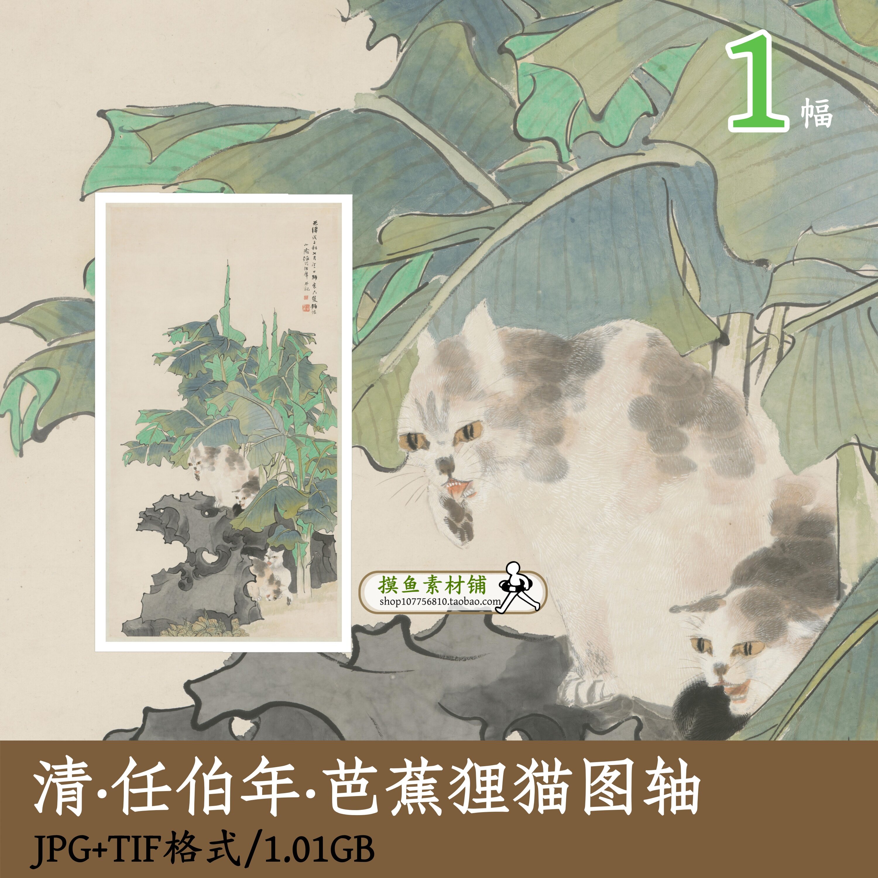 清代任伯年芭蕉狸猫图/国画猫图工笔画猫咪tif古画原图片gd12801