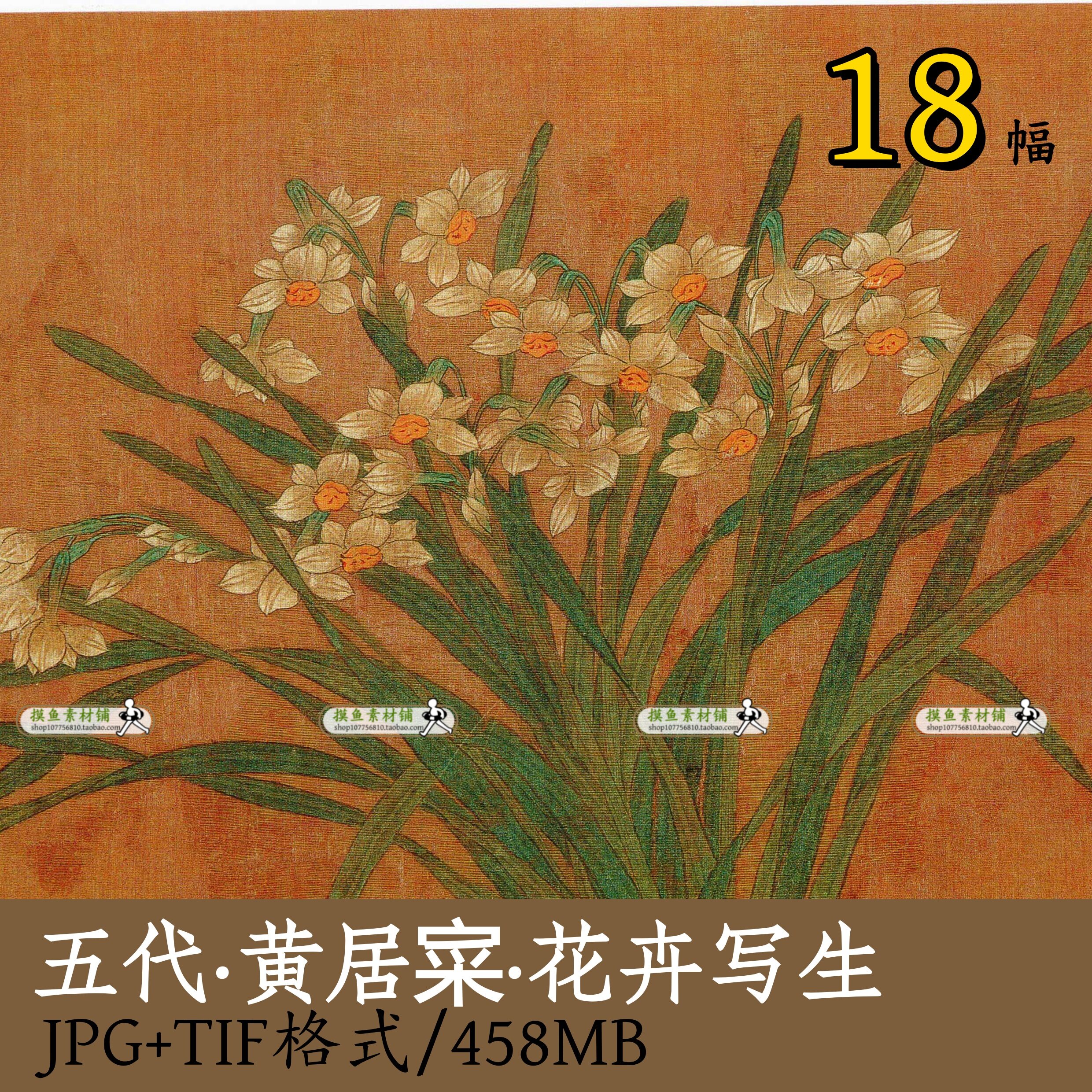 五代 黄居寀 花卉写生册/国画工笔花卉水仙图页装饰画芯素材z118